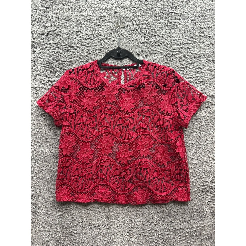 Zara Floral Lace Short Sleeve Cropped Party Blouse Red Womens M